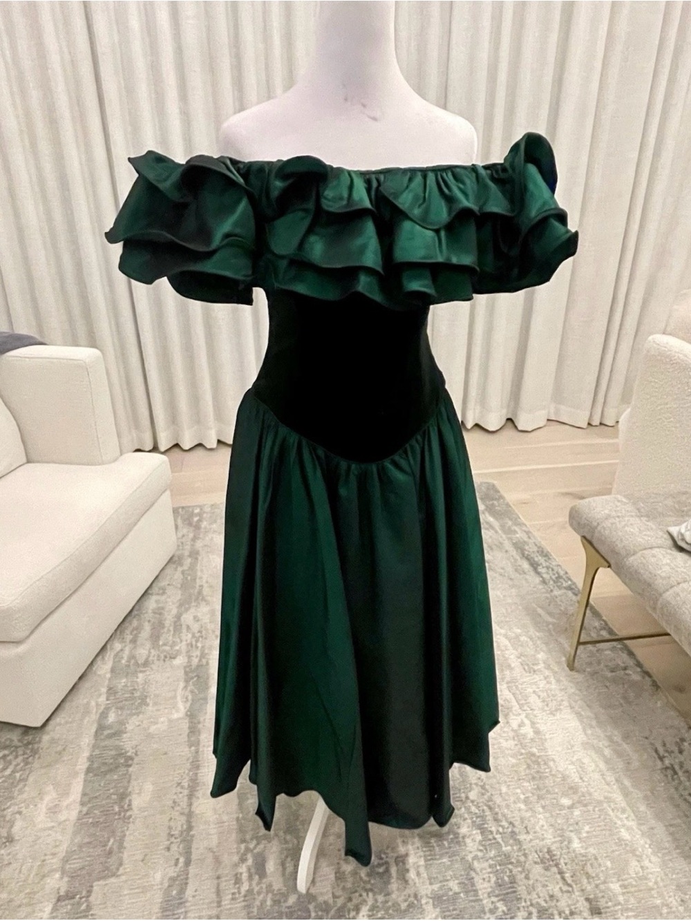 Vintage Barboglio Cristina Jan Dress Womens 80s Off Shoulder Emerald Lined USA 6 - Picture 4 of 13